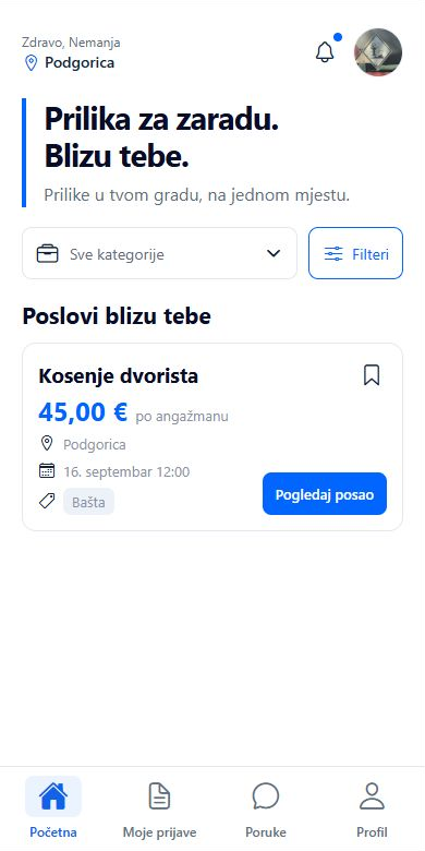 Stvarni prikaz BalkanTask aplikacije: izbor grada i kategorije, oglas za košenje dvorišta i dugme Pogledaj posao.